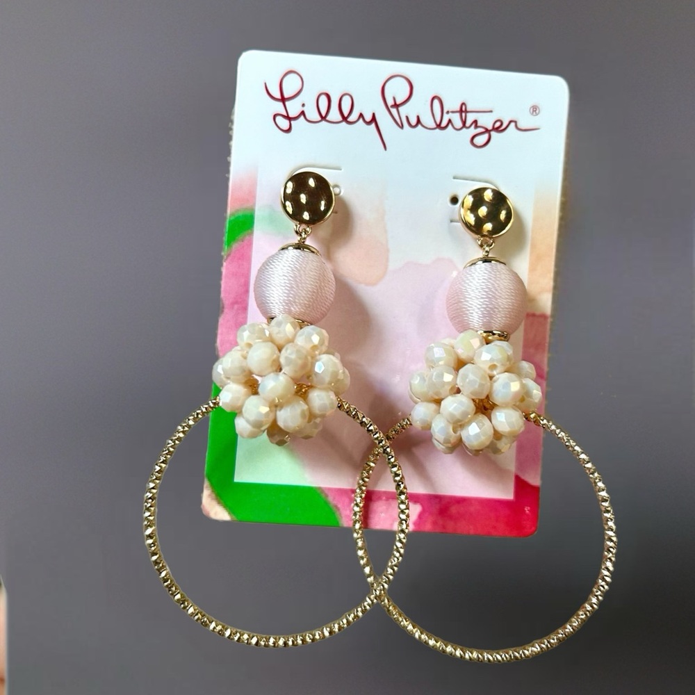 Lilly Pulitzer Gold, pink and Cream Floral Hoop Earrings